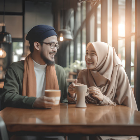Happy muslim couple drinking coffee in cafe. Asian muslim man and woman smiling and looking at each other.の素材