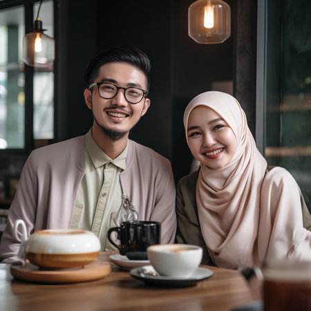 muslim couple drinking coffee and smiling each other in cafe, asianの素材