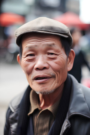 Portrait of an old Asian man in the street of Beijing, Chinaの素材