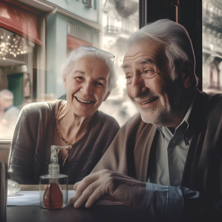 Portrait of happy senior couple sitting at table in cafe and smilingの素材
