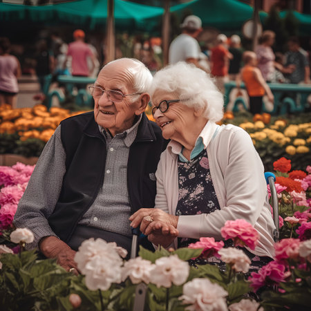 Happy elderly couple in the flower garden. Selective focus. People.の素材