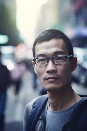 Portrait of young asian man wearing eyeglasses in the cityの素材