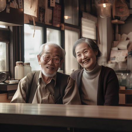 Happy asian senior couple sitting in a coffee shop. Senior couple smiling and looking at camera.の素材
