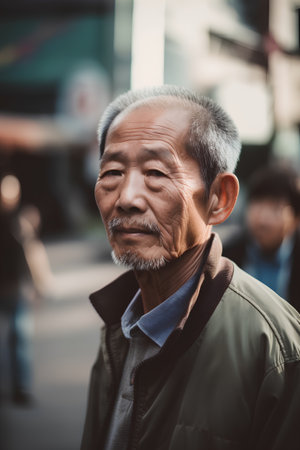 Portrait of an old asian man in a city street.の素材