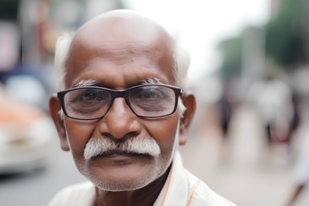 Portrait of an old Indian man with glasses and a white beardの素材
