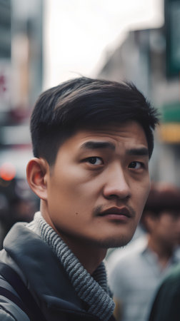 Portrait of young Asian man looking at camera in the city.の素材