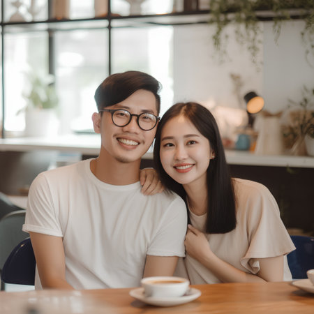 Happy asian couple sitting in cafe and smiling. Cheerful asian man and woman hugging and looking at camera.の素材