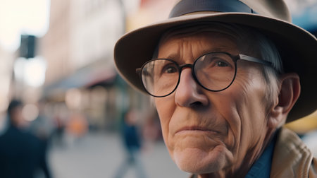 Portrait of senior man with hat and eyeglasses in cityの素材