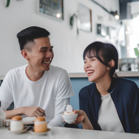 happy asian couple drinking coffee in the morning at home, lifestyle conceptの素材