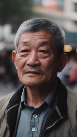 Portrait of an old asian man in the city street.の素材