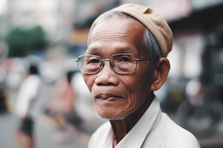Old man with eyeglasses on the street in Bangkok, Thailandの素材