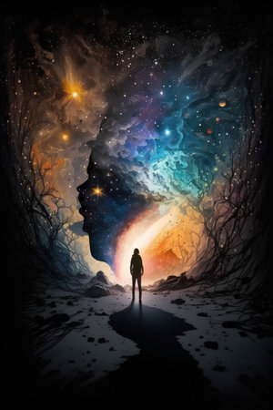 Silhouette of a man standing in the forest and looking at the starry skyの素材