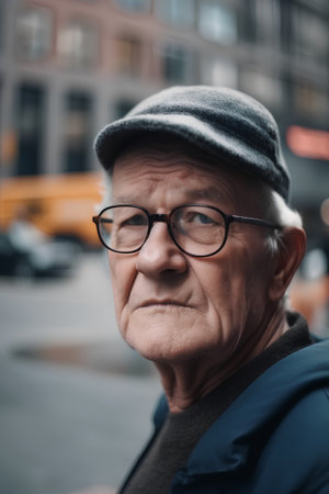 Portrait of an old man with glasses and a cap in the cityの素材