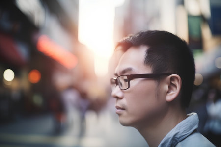Portrait of a young asian man wearing eyeglasses in the cityの素材