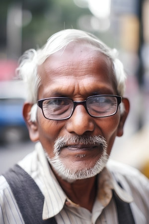 Portrait of an old Indian man with a mustache and glasses.の素材