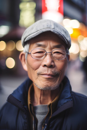 Portrait of a senior asian man in the street at nightの素材