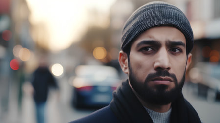Portrait of a handsome bearded man in a hat on the streetの素材