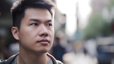 Portrait of a young asian man looking at camera in the cityの素材