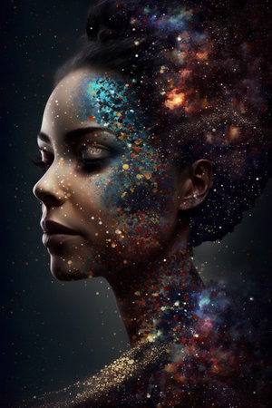 Portrait of a beautiful woman with creative make-up and cosmic backgroundの素材