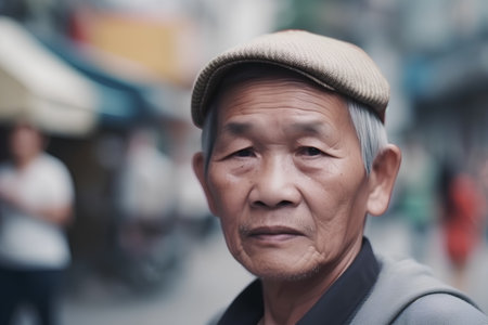 Portrait of an elderly Asian man in the street of Hong Kongの素材