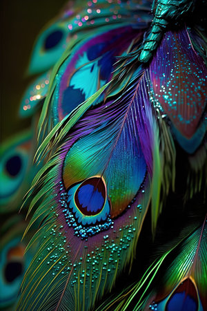 Beautiful peacock feather close-up. Colorful background.の素材