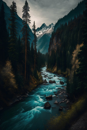 Beautiful mountain landscape with a river and high mountains in the backgroundの素材