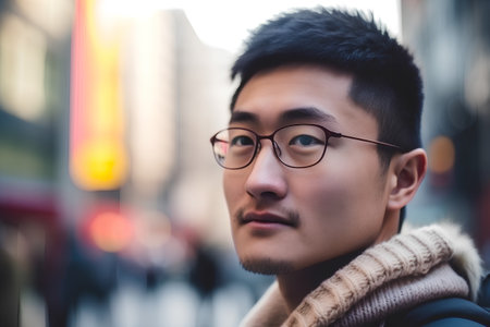 Portrait of a handsome asian man wearing eyeglasses in the cityの素材