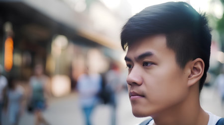 Portrait of a young Asian man looking at camera in the cityの素材