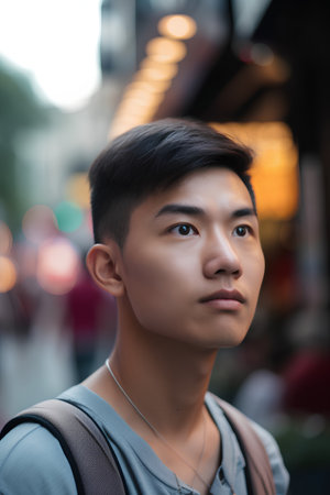 Portrait of young handsome Asian tourist man looking away in the cityの素材