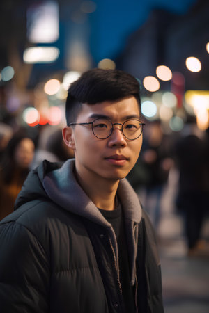 Portrait of young Asian man with eyeglasses looking at camera in city at nightの素材