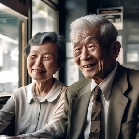 Portrait of senior asian couple smiling and looking at camera.の素材