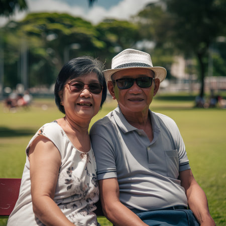 Asian senior couple sitting on a bench in the park. Retirement concept.の素材