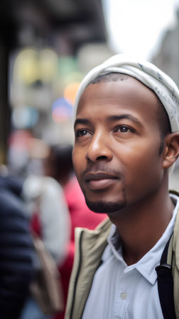 Portrait of a young african american man on the streetの素材