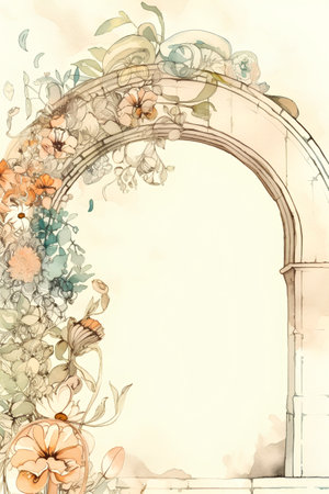 Grunge background with floral arch and place for your text.の素材