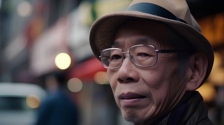 Asian senior man with hat and eyeglasses in the city.の素材