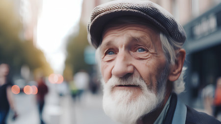 Portrait of an old man with a white beard and mustache in the cityの素材