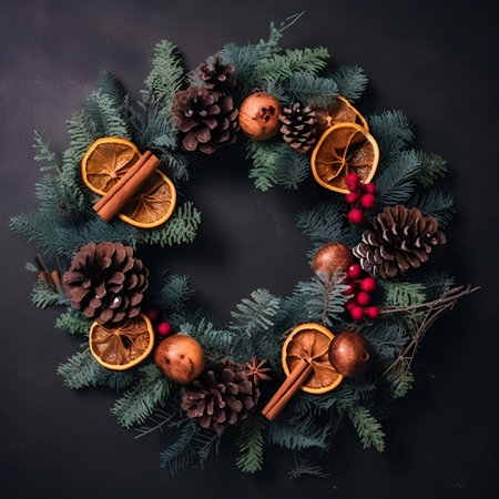 Christmas wreath with fir branches, dried oranges and spices on blackboardの素材