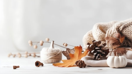 Autumn still life with knitted sweaters, pumpkins and leaves on white wooden backgroundの素材