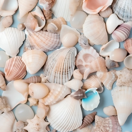 Seashells on a blue background. View from above.の素材