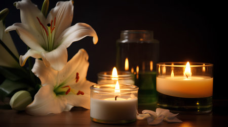 Candles and lily flowers on wooden table, on dark backgroundの素材