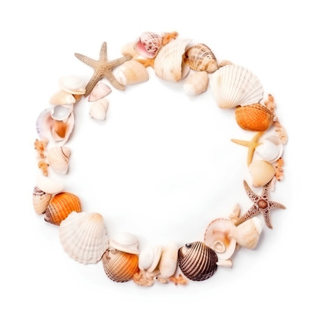 Round frame made of seashells and starfish on white backgroundの素材