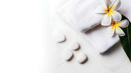 Spa composition with frangipani flowers and towels on white backgroundの素材