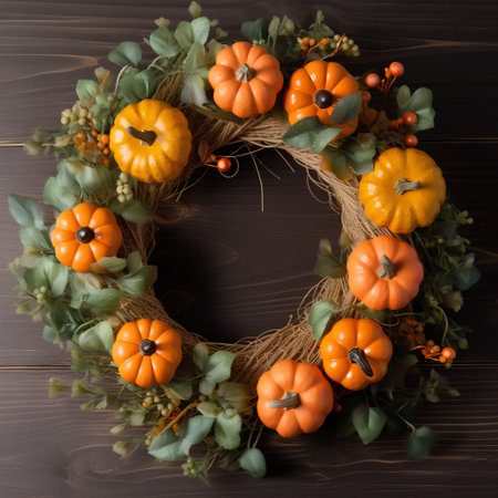 Autumn wreath with pumpkins and leaves on dark wooden backgroundの素材
