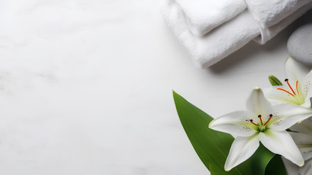 Spa still life with white lily and towelsle backgroundの素材