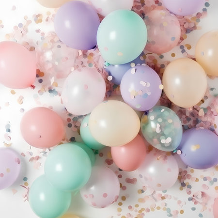 Colored balloons and confetti on a white background. Flat lay.の素材