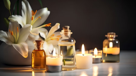 Spa still life with aroma oil, candles and lily flowersの素材