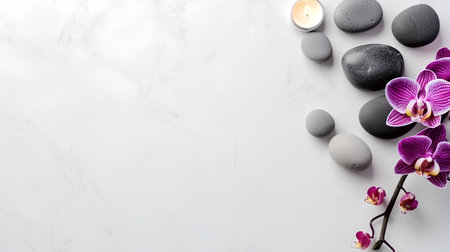Spa background with zen stones, orchid flowers and candle.の素材