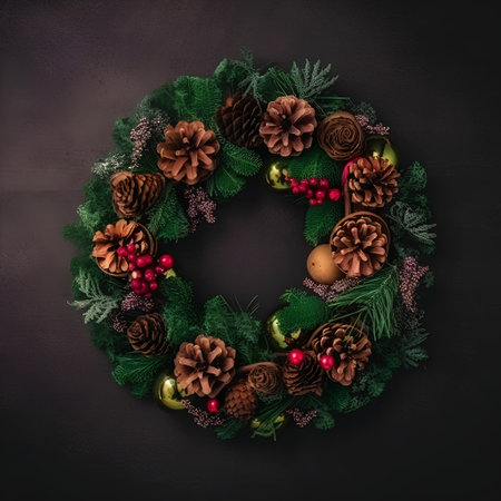 Christmas wreath with pine cones and holly berries on black backgroundの素材