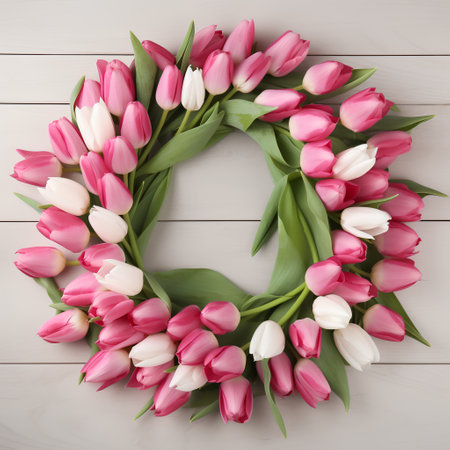 Wreath of pink and white tulips on a white wooden backgroundの素材