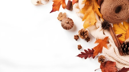 Autumn background with leaves, cones and scarf on a white backgroundの素材